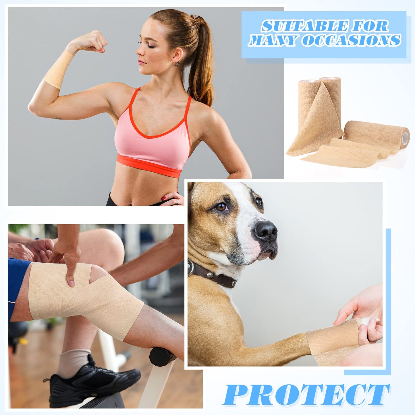 Nuanchu 3 Pcs Self Adhesive Cohesive Wrap Bandages 6 Inches x 5 Yards Non Woven Athletic Tape Breathable Self Adherent Bandage Wrap Elastic Sports Gauze Rolls Tape for Wrists, Knee, Ankle(Beige)