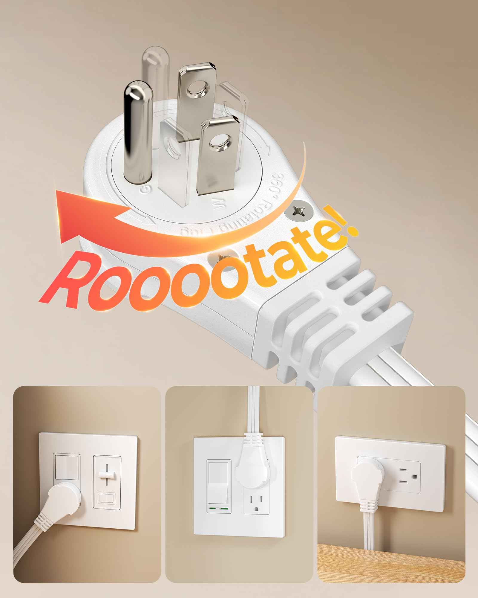 DEWENWILS 6FT 360° Rotating Flat Plug Extension Cord/Wire, 16AWG Multi 3 Outlet Extension Cord, 3 Prong Grounded Wire for Small Appliances, 2 Pack, White