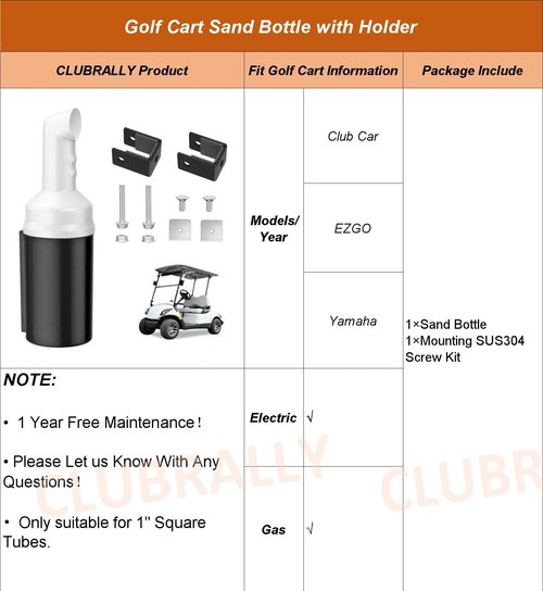 CLUBRALLY Golf Cart Sand Bottle with Holder, Universal No Drilling Sand Bottle Kit, Large Capacity Divot Filler Sand Container, Fits Club Car, EZGO, Yamaha with 1" Square Tubes -1 Pack