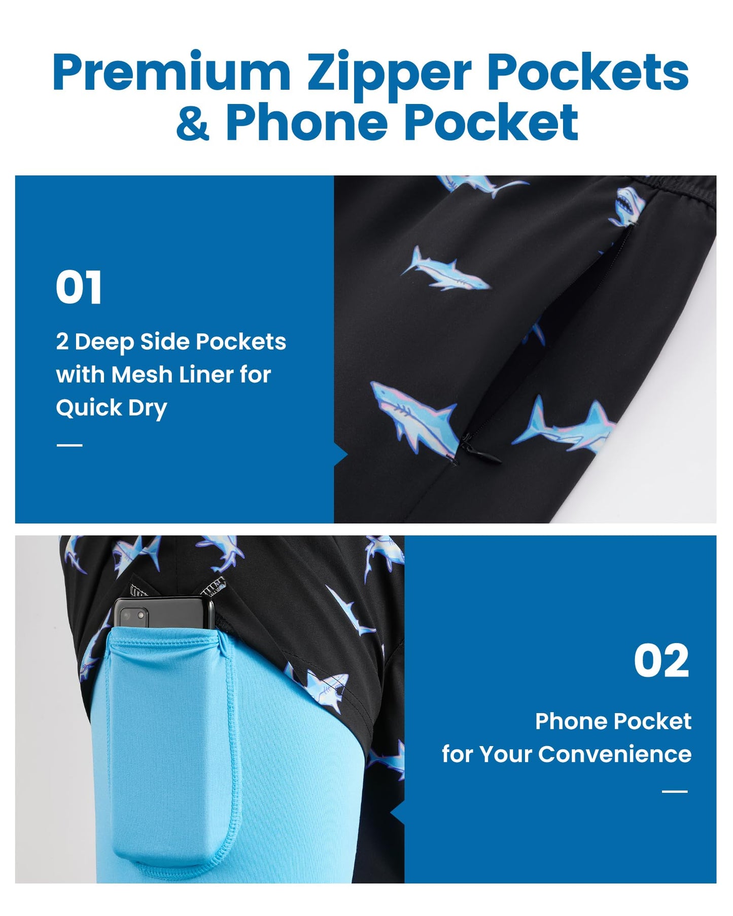 maamgic Mens Swim Trunks with Compression Liner 5 Inch, Quick Dry Bathing Suit with Zipper Pockets, Stretch No-Chafing Swim Shorts, Blue Shark XX-Large