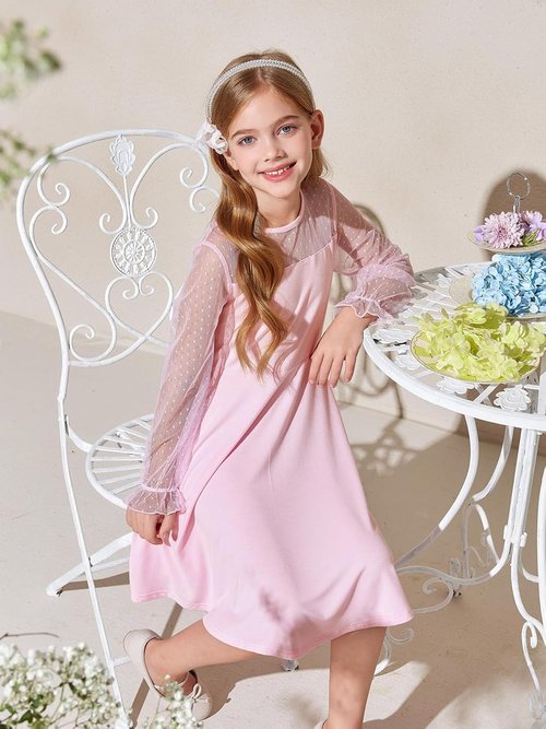 Haloumoning Girls A-Line Short Dress - Contrast Mesh, High Waist, Pockets | Sizes 4-14 Years