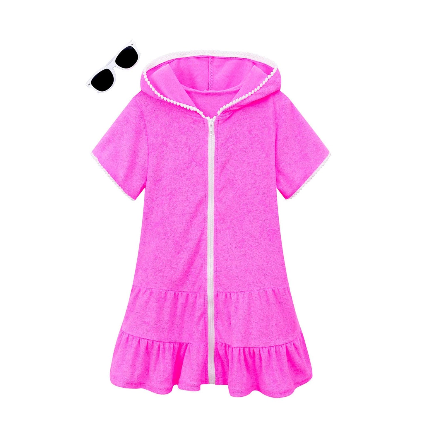 LUCKYGAL Big Girls Swim Coverup Kids Beach Cover up Terry Beach Pool with Sunglasses, Size 12 13 Rose Red