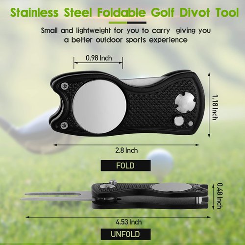Skylety 3 Pcs Golf Divot Repair Tool Stainless Steel Foldable Magnetic Golf Ball Marker Repair Tool with Pop up Button Portable(Black, Red, Blue,3 Pieces)