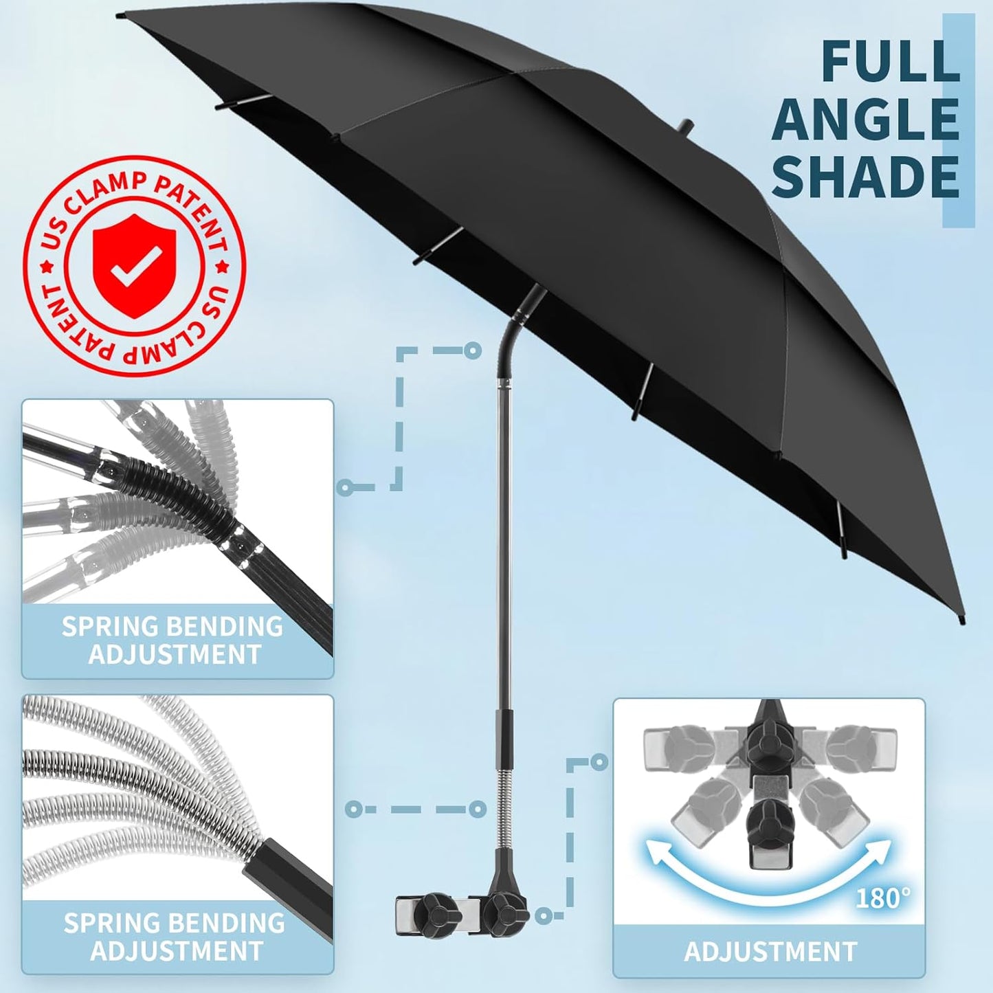 Skiennix 48.6" Double Canopy Umbrella - UPF50+ Portable Beach Chair Umbrella with Clamp & 360° Adjustment | Black