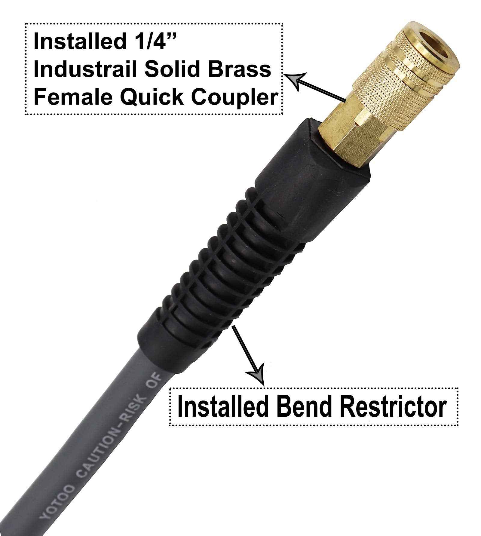 YOTOO Hybrid Lead-in Air Hose 3/8-Inch by 10-Feet 300 PSI Heavy Duty, Lightweight, Kink Resistant, All-Weather Flexibility with 1/4-Inch Brass Male Fittings, Bend Restrictors, Black