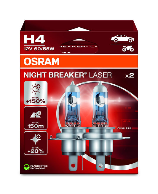 OSRAM NIGHT BREAKER LASER H4, +150% Brighter Halogen Headlight Lamp, 64193NL-2HB, 12V, Hanging Folding Box (2 Lamps)