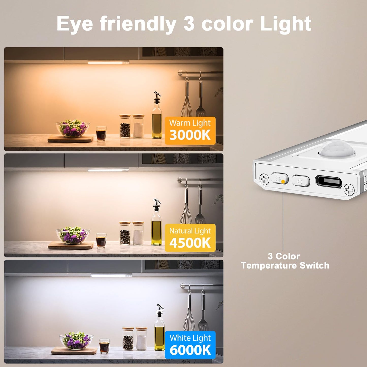 Onforu 9.8" Under Cabinet Lighting, 2000mAh USB-C Rechargeable, Motion Sensor Under Cabinet Lights with 3 Color & Dimmable, Magnetic Under Counter Lights for Kitchen, Closet, 2 Pack