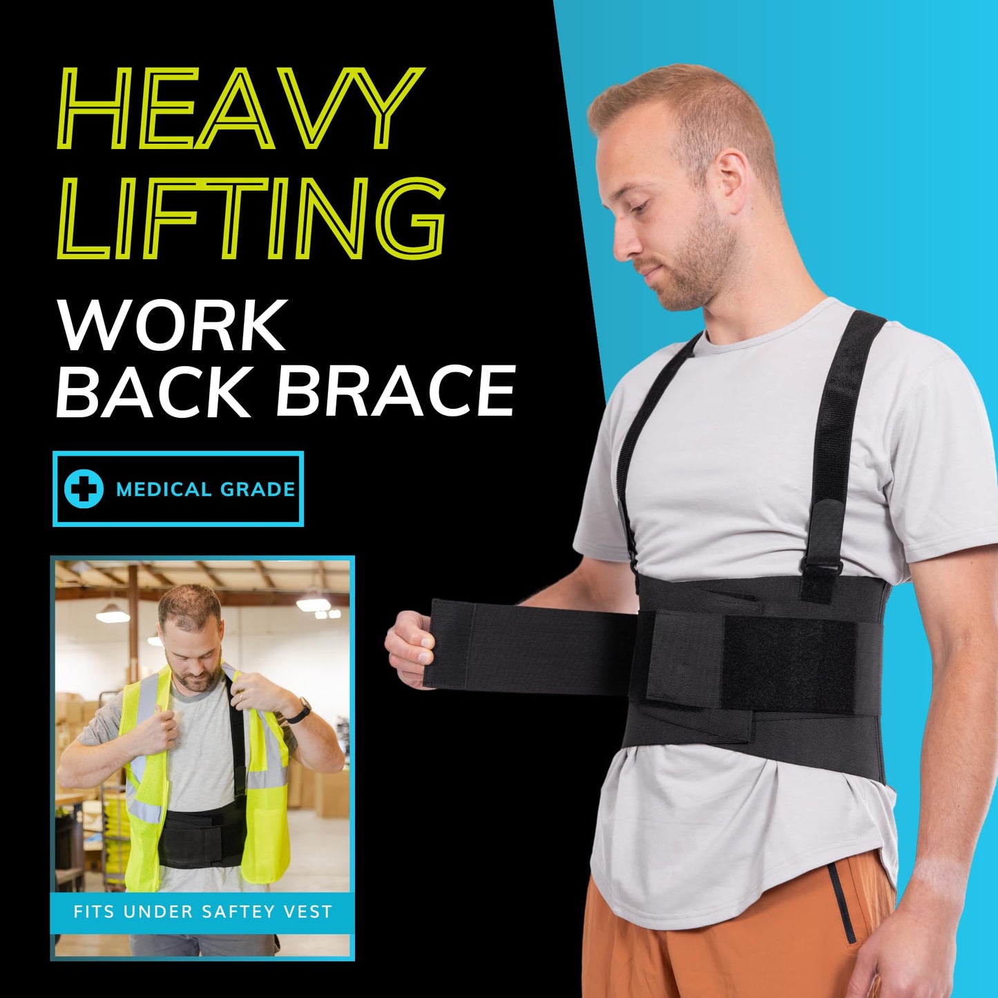 BraceAbility Work Back Brace - Removable Suspender Shoulder Straps for Heavy Lifting Safety - Industrial Lower Back Pain Protection Belt for Men and Women in Construction, Mover, Warehouse Jobs (4XL)