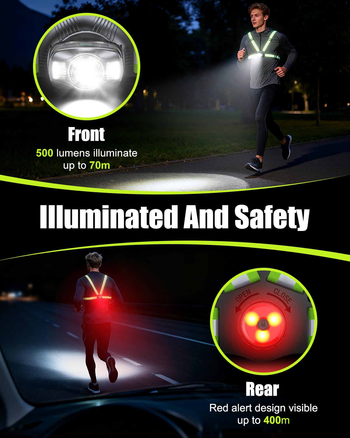 Dawinga Running Lights for Runners with Rear Light, 500 Lumens Running Light with 45° Adjustable Beam & IPX4 Waterproof, Rechargeable Reflective Vest Gear for Night Walking/Jogging, 4-20Hrs Runtime