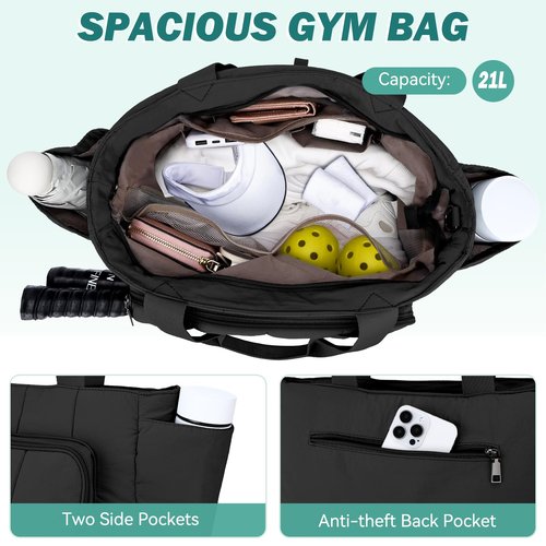 Chase Chic Pickleball Tote Bag for Women,Lightweight Puffer Quilted Crossbody Shoulder Bag Pickle Ball Paddle Holder for Gym Sports,Black