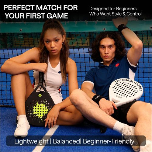 Padel Racket with Overgrip & 2 Wristbands – Memory EVA Foam, Perfectly Balanced – Pala de Padel – Fiberglass Paddle for Beginners and Intermediates – Includes 420D Fiber Bag (Black)