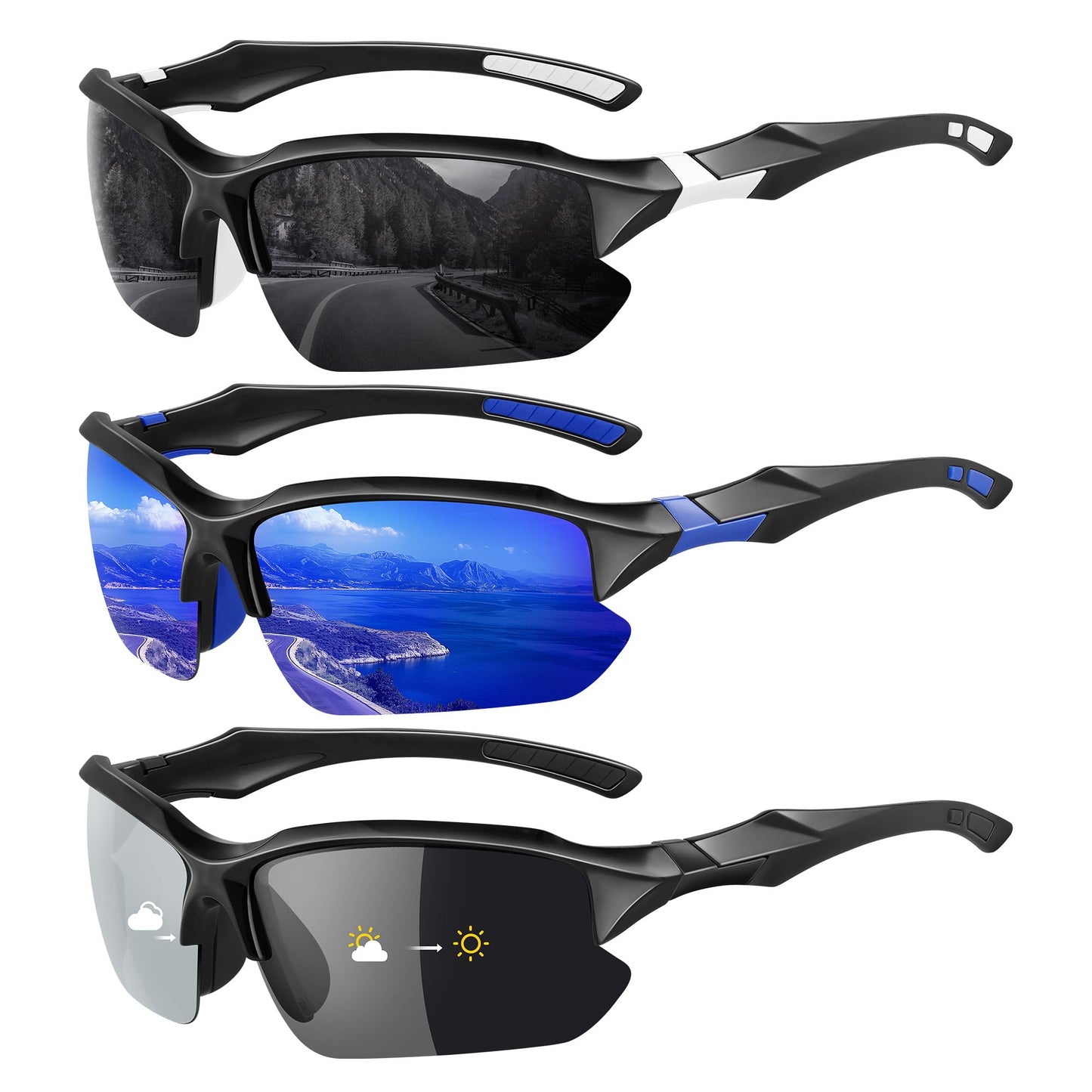 XVXV Photochromic Polarized Sunglasses for Men - UV Protection Lightweight Half Frame Sun Glasses for Running Fishing Golf