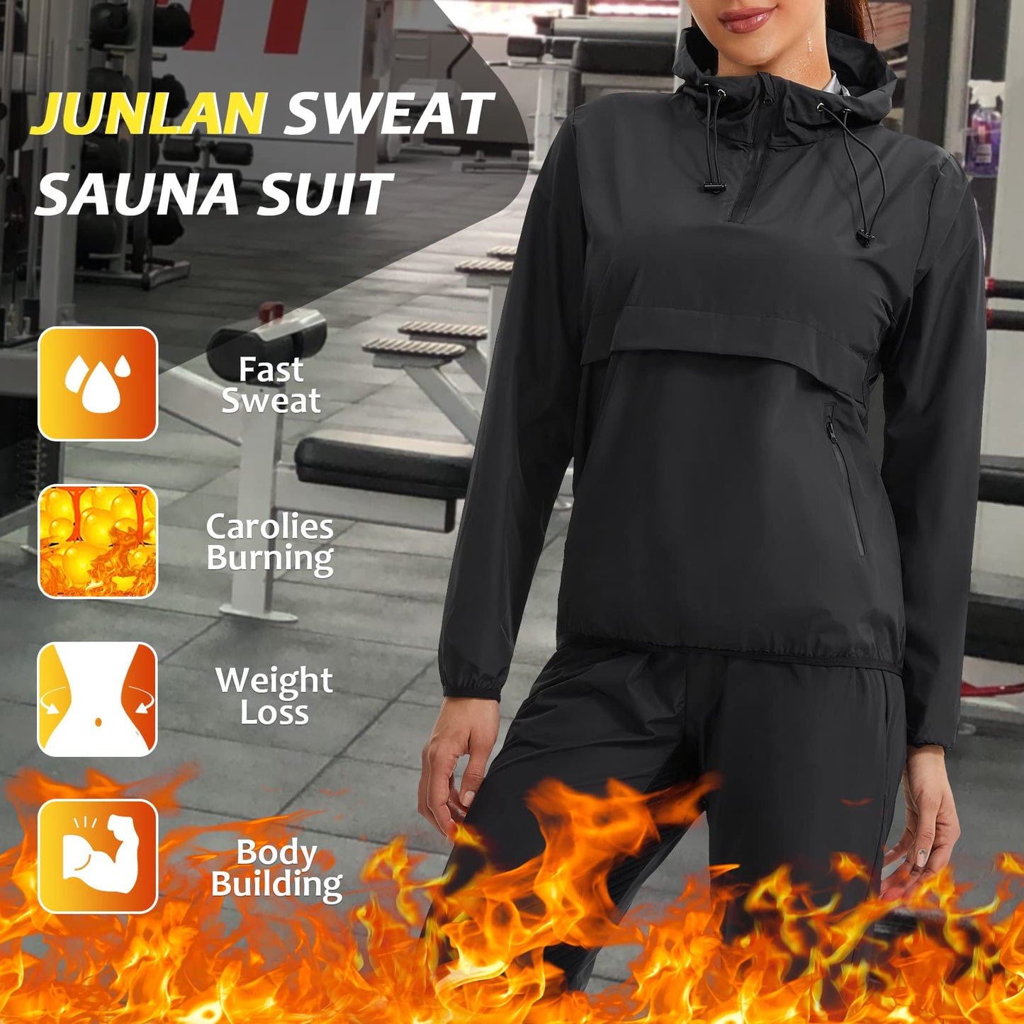 Junlan Women's Sauna Track Suit (Black, Medium) - Upgraded Silver Polymer Fabric, Sweat Suits for Workout, Windproof & Waterproof, Fashionable Design