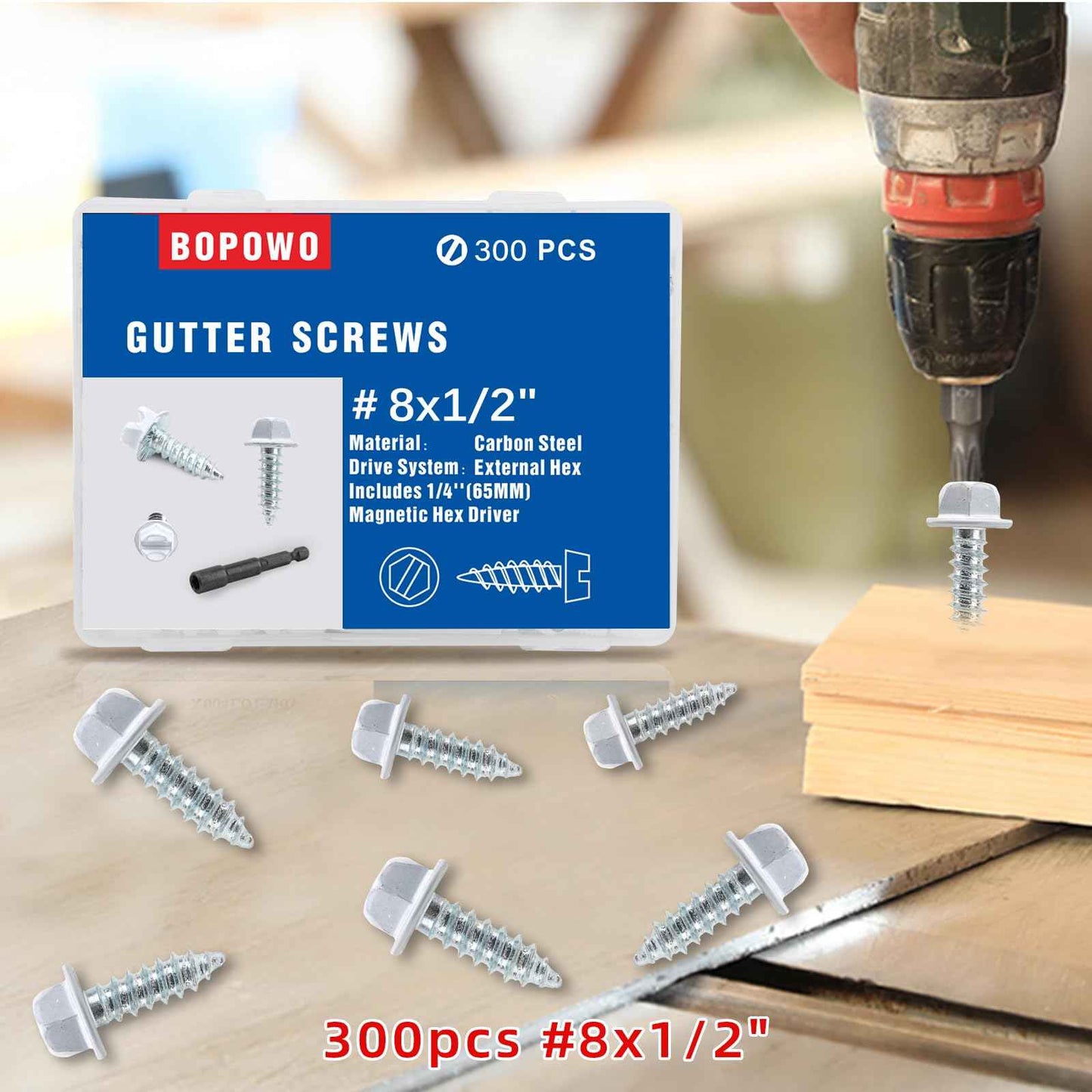 BOPOWO 300 Pcs #8x1/2 Self-Tapping Gutter Screws White Painted Slotted Hex Washer Head #8x1/2 Zinc Plated Finish, Includes 1/4" Magnetic Hex Driver – for Gutter Install