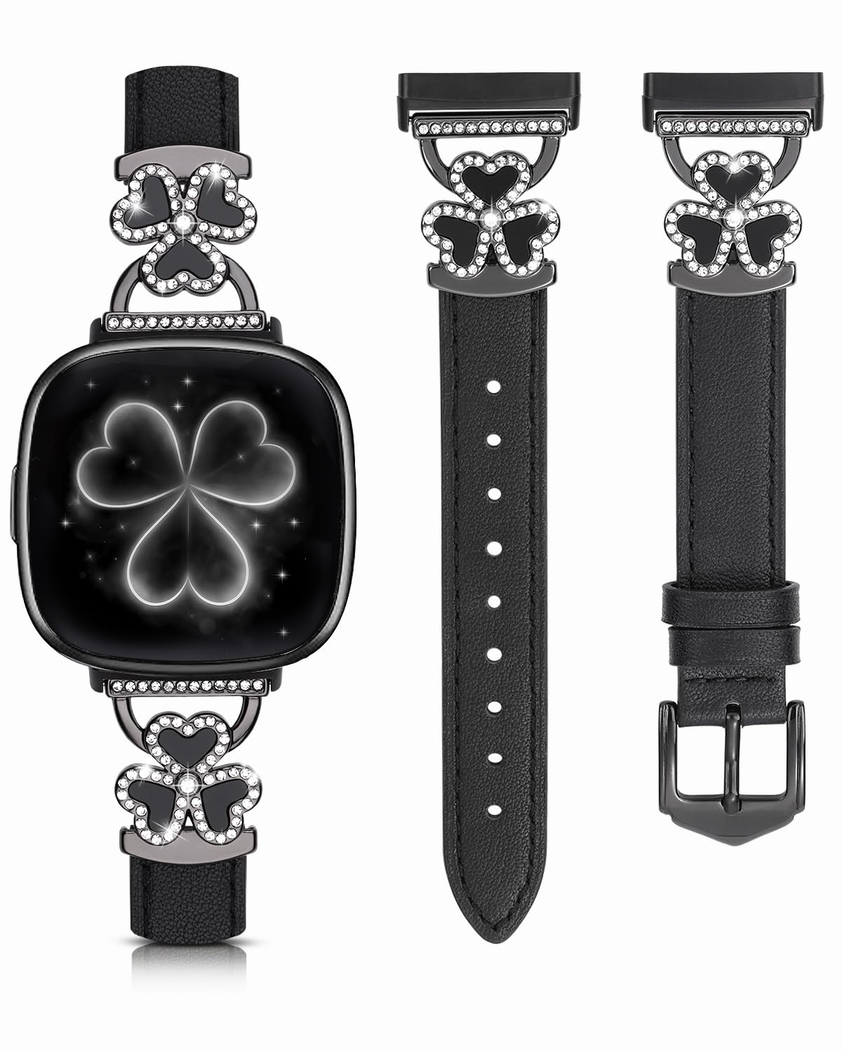 Leather Bands Compatible with Fitbit Versa 4/Fitbit Versa 3 /Fitbit Sense/Sense 2 Bands for Women, Bling Slim Leather Strap with Designer Three Hearts Design Buckle Strap for Fitbit Versa 4 Band (Black/Black)