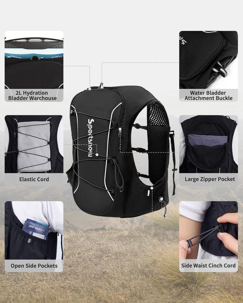 sportsnew Running Hydration Vest for Men Women, Breathable Hydration Backpack for Trail Running Cycling Hiking Marathon (Black with 2 x 500ML Soft Flask, S/M: Chest 28''-34'')