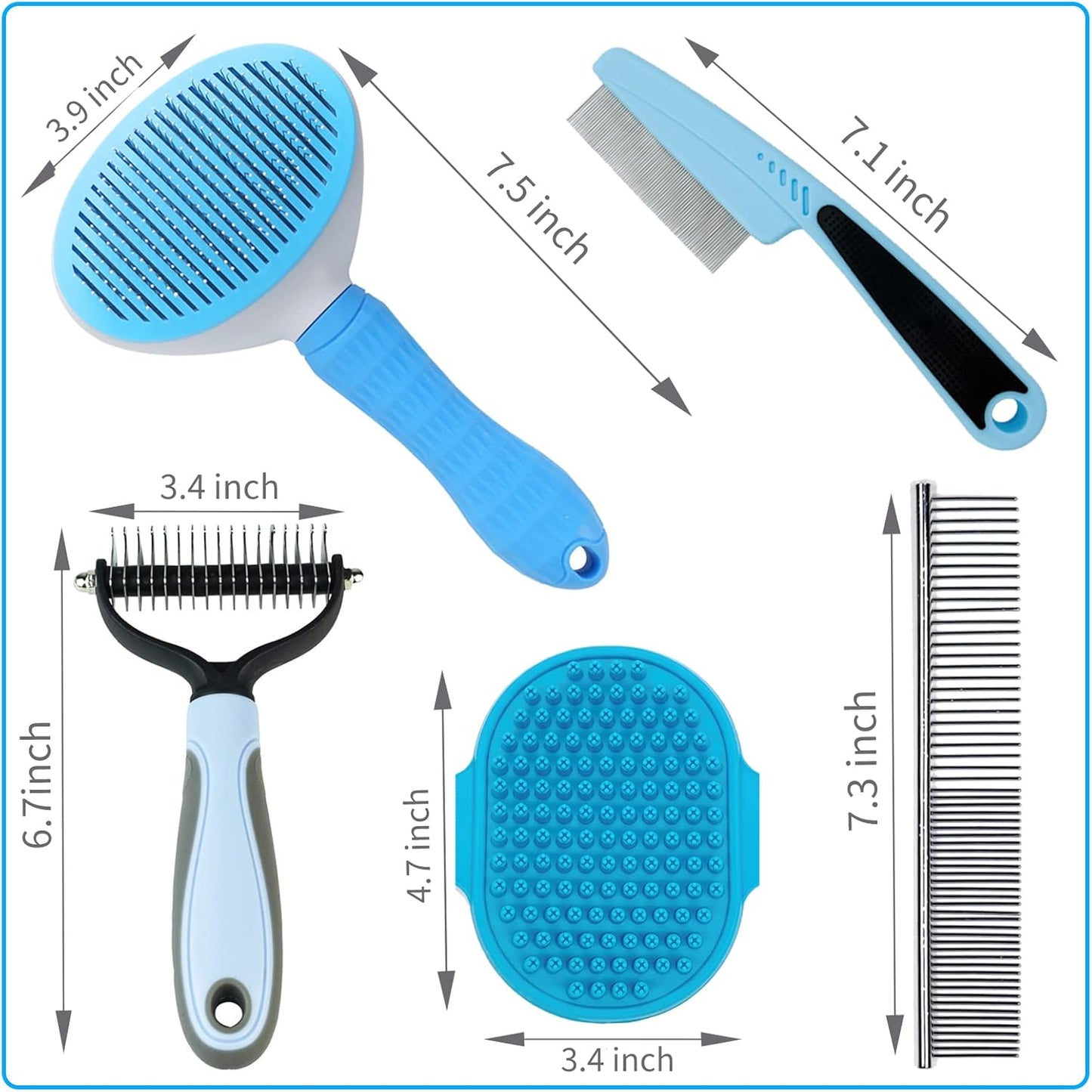 Skiennix Dog Brush Grooming Kit - 5-Piece Set for Shedding, Flea Comb & Slicker Brush | Blue