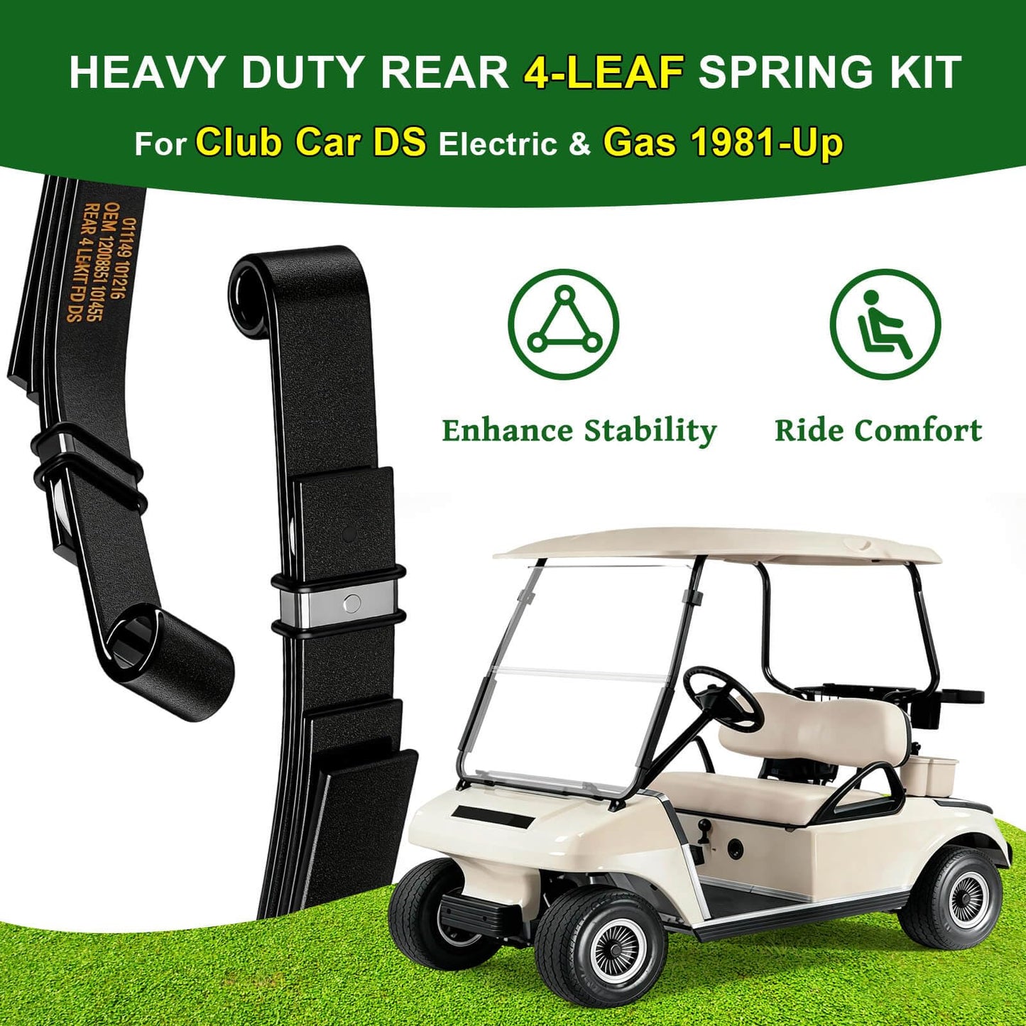 Cartalia Upgraded Heavy Duty Rear 4-Leaf Springs Kit for Club Car DS 1981-Up Gas & Electric Golf Cart Suspension with Bushings Sleeves U-Bolts Replace OEM 102006501 1014675 Fixes Sagging Load Capacity