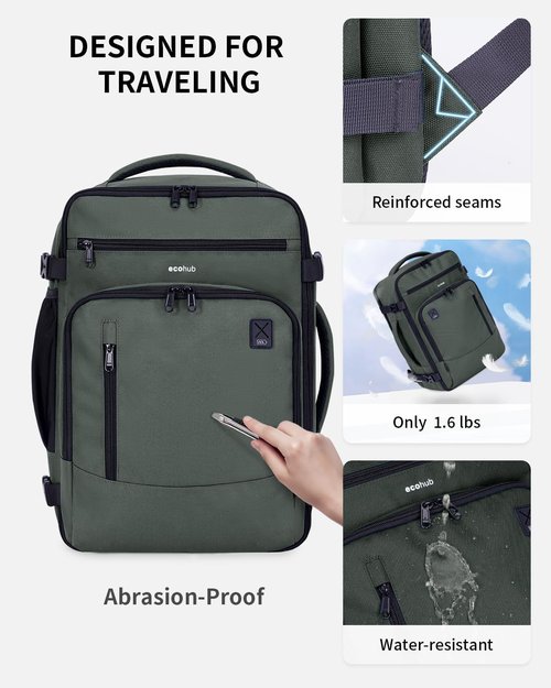 ECOHUB 17" Small Travel Backpack, United Airlines Personal Item Bag 17x10x9 with 16 Pockets, Water Resistant Rucksacks Fit 15.6" Laptop, AirTag Pocket, Lightweight Casual Daypack, 25L, Green