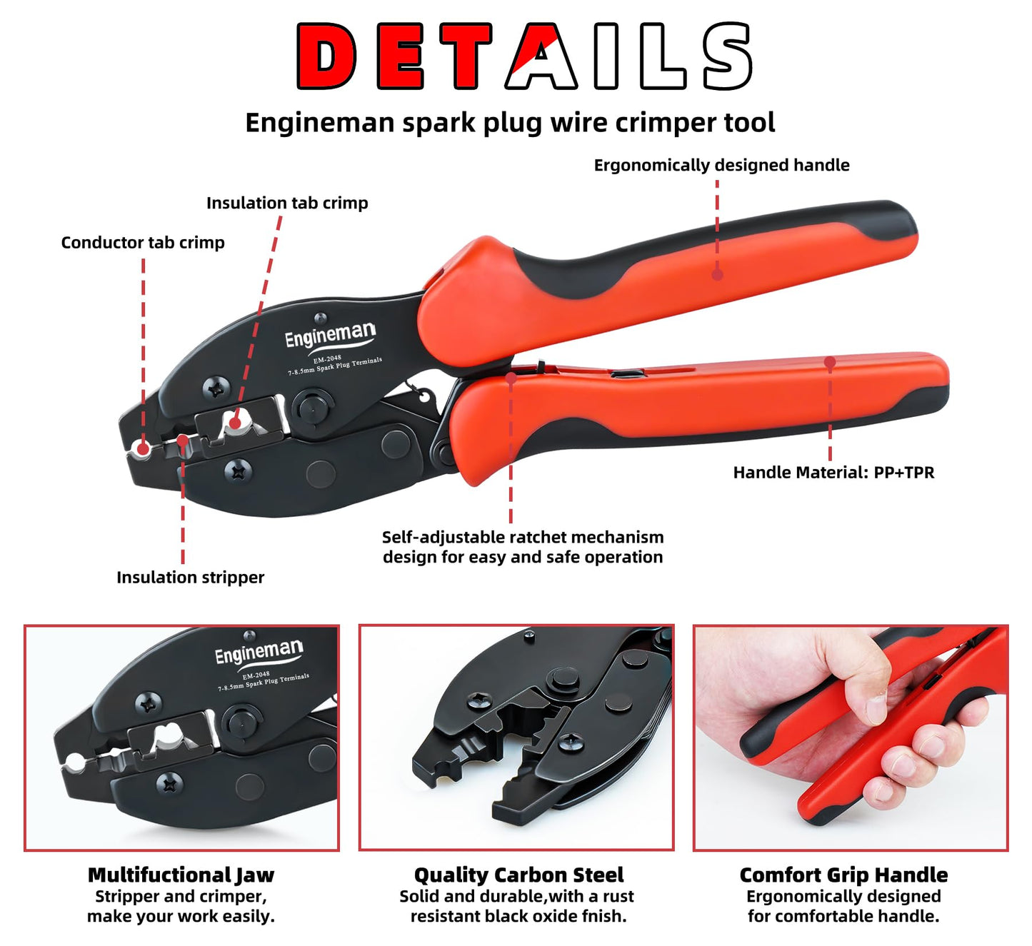 ENGINEMAN Spark Plug Wire Crimper, Crimping Pliers for Spark Plug Stripping Tool, EM-2048 for Crimping and Stripping Spark Plug Wire, Dia 7.0-8.5mm, Ratchet spark plug wire crimping tool