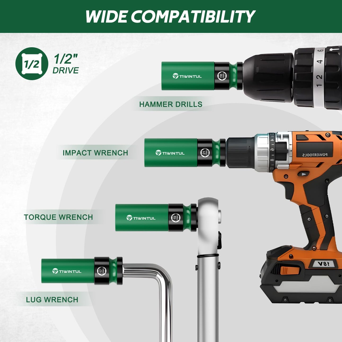 TIWINTUL 1/2" Wheel Protector Impact Socket Set, 5Pcs Non-Marring Lug Nut Socket Set, CR-MO Steel, 6-Point Thin Wall Deep Socket Set, Color-Coded Protective Sleeves- Metric 17 19 21 mm, SAE 13/16 7/8"