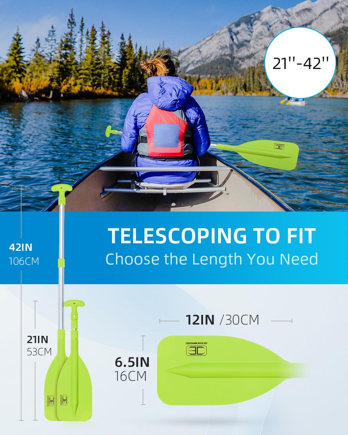 OCEANBROAD Telescoping Emergency Paddle - Adjustable 21''-42'' or 26''-54'' Aluminum Shaft for Kayaking & Canoeing