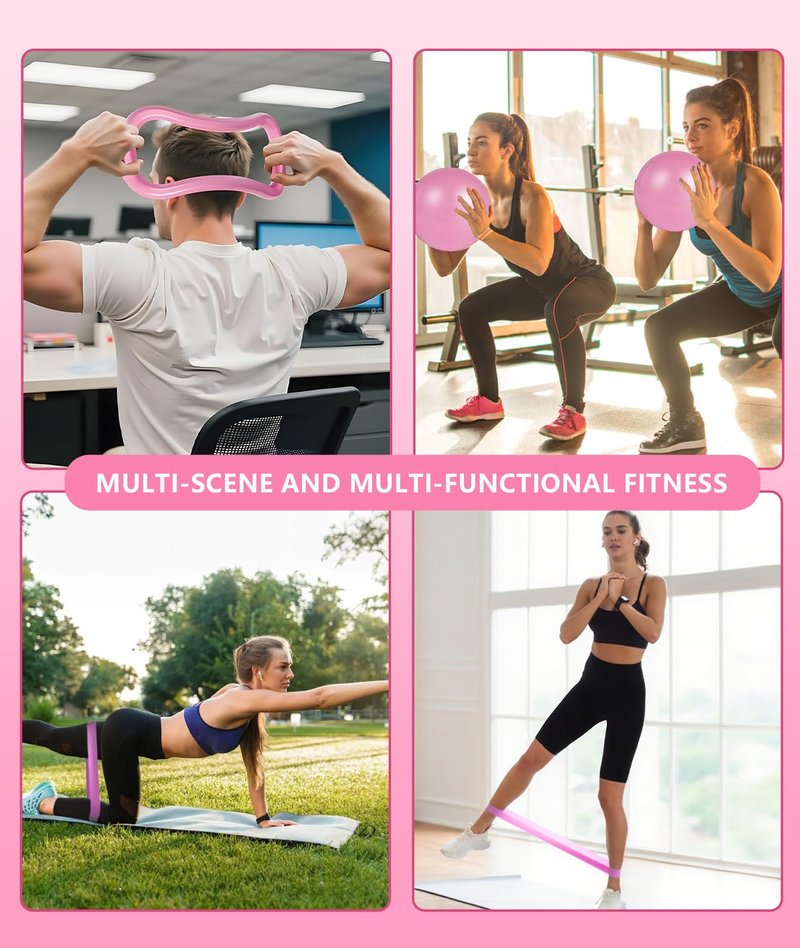 Pilates Ring Set with Adjustable Resistance, Full Body Workout Kit for Women, Portable Travel Bag (Pink)