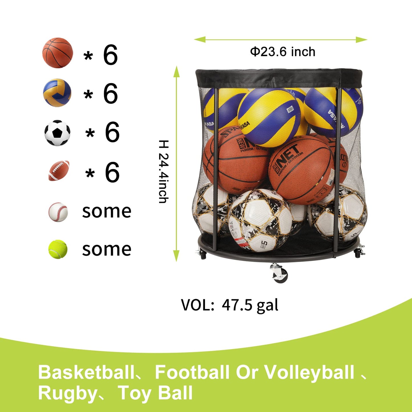 WEYIMILA Sports Equipment Organizer for Garage, Mesh Ball Holder for Soccer, Basketball, Volleyball, Baseball, 48 Gals Ball Cart for Holding Ball, Rolling Sports Organizer, Black