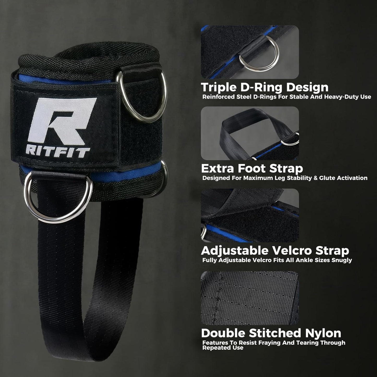RitFit Kickback Ankle Straps - Padded Neoprene Cuffs with Strong Hook & Loop | Adjustable for Enhanced Abs, Glutes & Legs