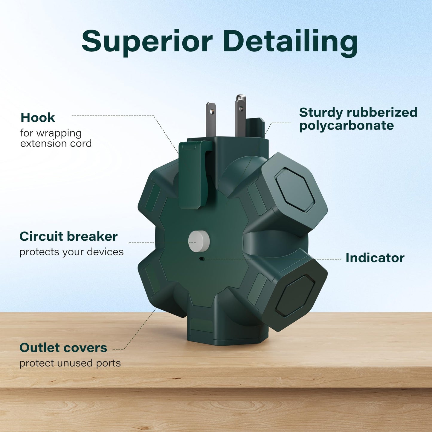 Elecan Outdoor 5-Outlet Power Splitter Plug Extender Hexagonal Hub Adapter with Safety Covers, 3 Prong Grounding Widely-Spaced with 15A Circuit Breaker&Indicator for Holiday Jobsite Garage-ETL-Green