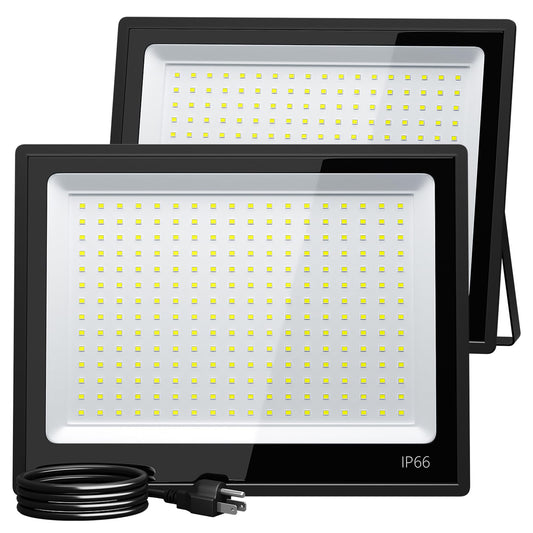 XXBSAZ 2 Pack 200W LED Flood Lights Outdoor, 25,000LM Plug-in Hardwire Work Light IP66 Waterproof - 6500K Daylight Bright for Yard, Garage, Stadium