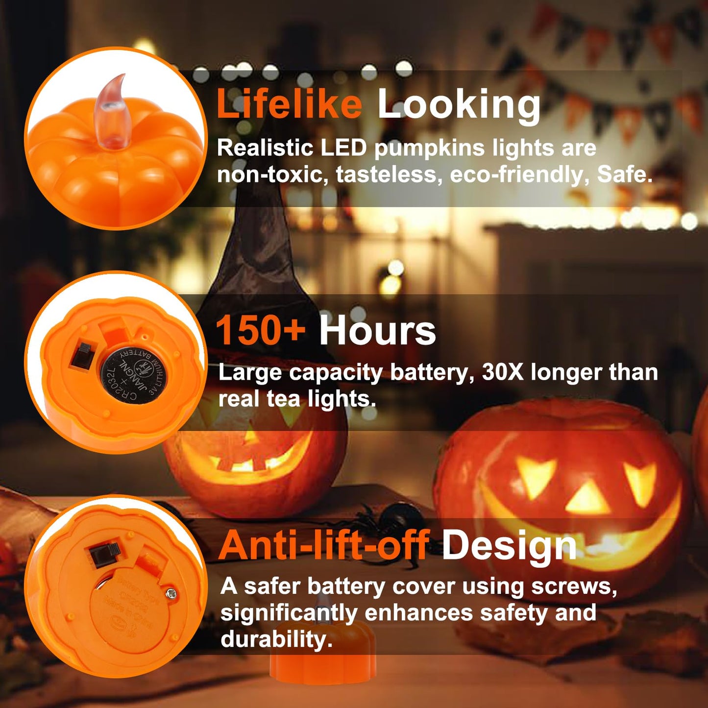 Pumpkin Tea Lights Decorations Fall Decor, 24 Pack LED Orange Pumpkin Lights Flameless Candles Battery Operated, Halloween Thanksgiving Flickering Tealight Candle for Home Table Indoor Party