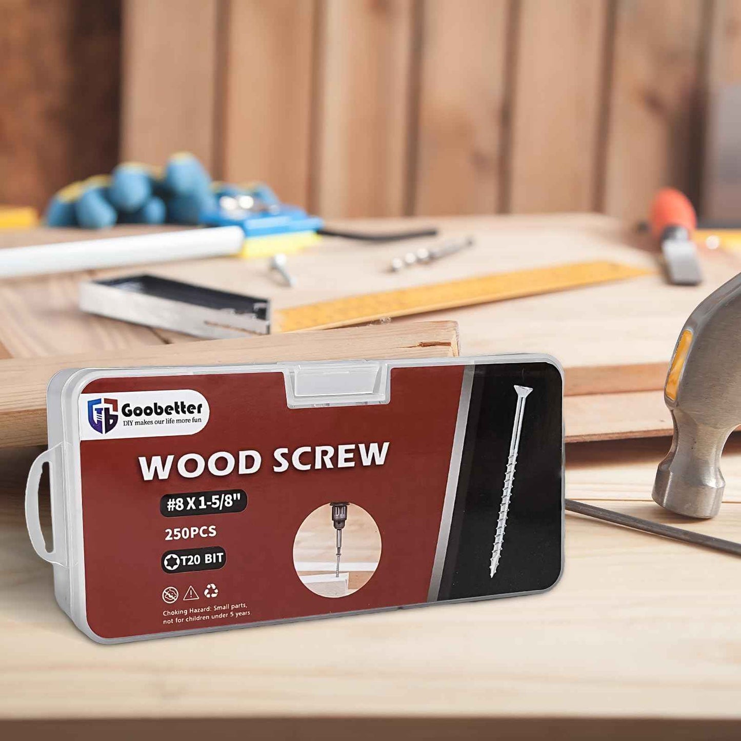 GOOBETTER #8 x 1-5/8" Exterior Wood Screws, 250 Pcs Deck Screws, Torx Head Screws, 304 Stainless Steel Corrosion-Resistant for Fencing, Decks, Outdoor Projects, Includes T20 Torx Bit