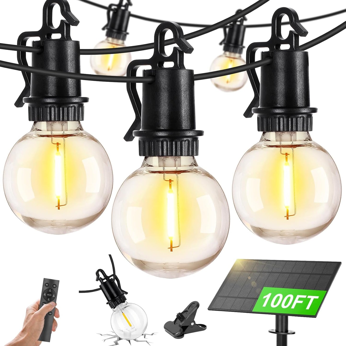 100FT Solar Powered String Lights with Remote - Waterproof G40 Patio Lights, 30 Shatterproof Bulbs, 3 Modes for Camping & Backyard