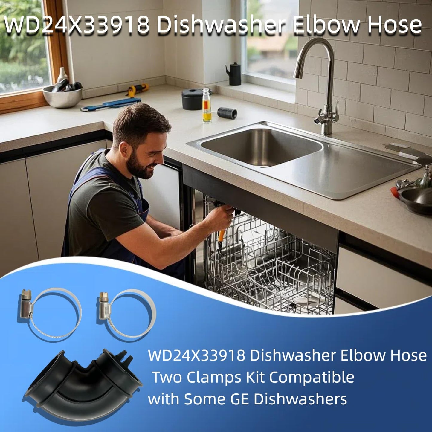 Upgrade WD24X33918 compatibility WD19X25460, WD19X25700 Dishwasher Circulation Pump To Sump Elbow Hose and Clamps Kit Includes Two Clamps For some GE dishwasher