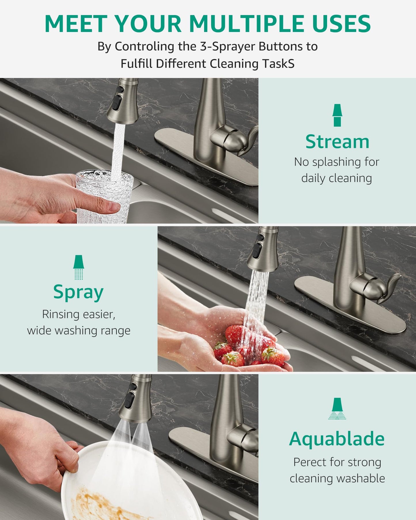 Mbillion Universal Brushed Nickel Kitchen Faucet Sprayer Head Replacement, 3 Function ABS Sink Faucet Head, Pull-Down Nozzle with 14 Adapters, Compatible with Moen,Delta,Kohler,WEWE American Standard