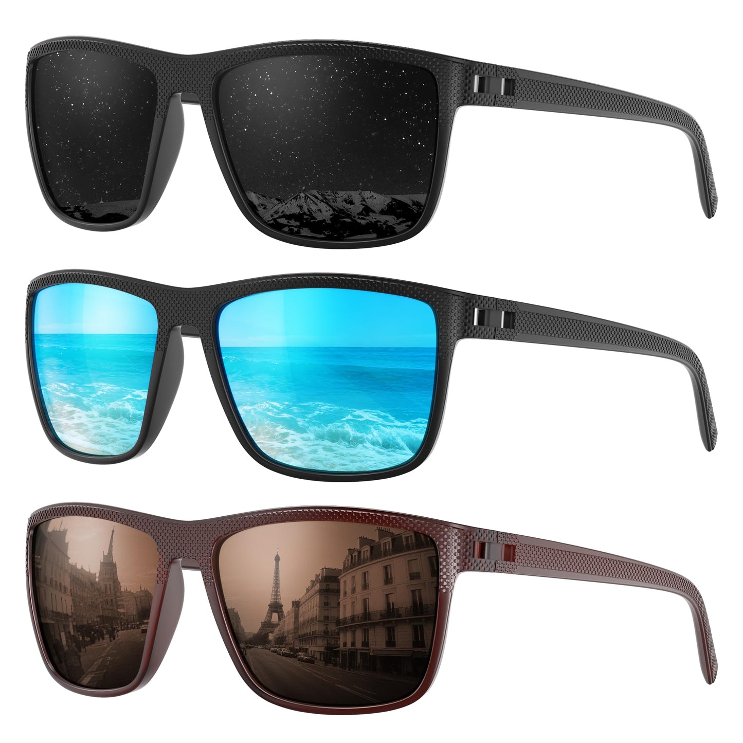 Fanshen Square Polarized Sunglasses for Men, 3 Pack Lightweight UV Protection Sun Glasses for Driving Fishing Golf (Black/Ice Blue/Brown)