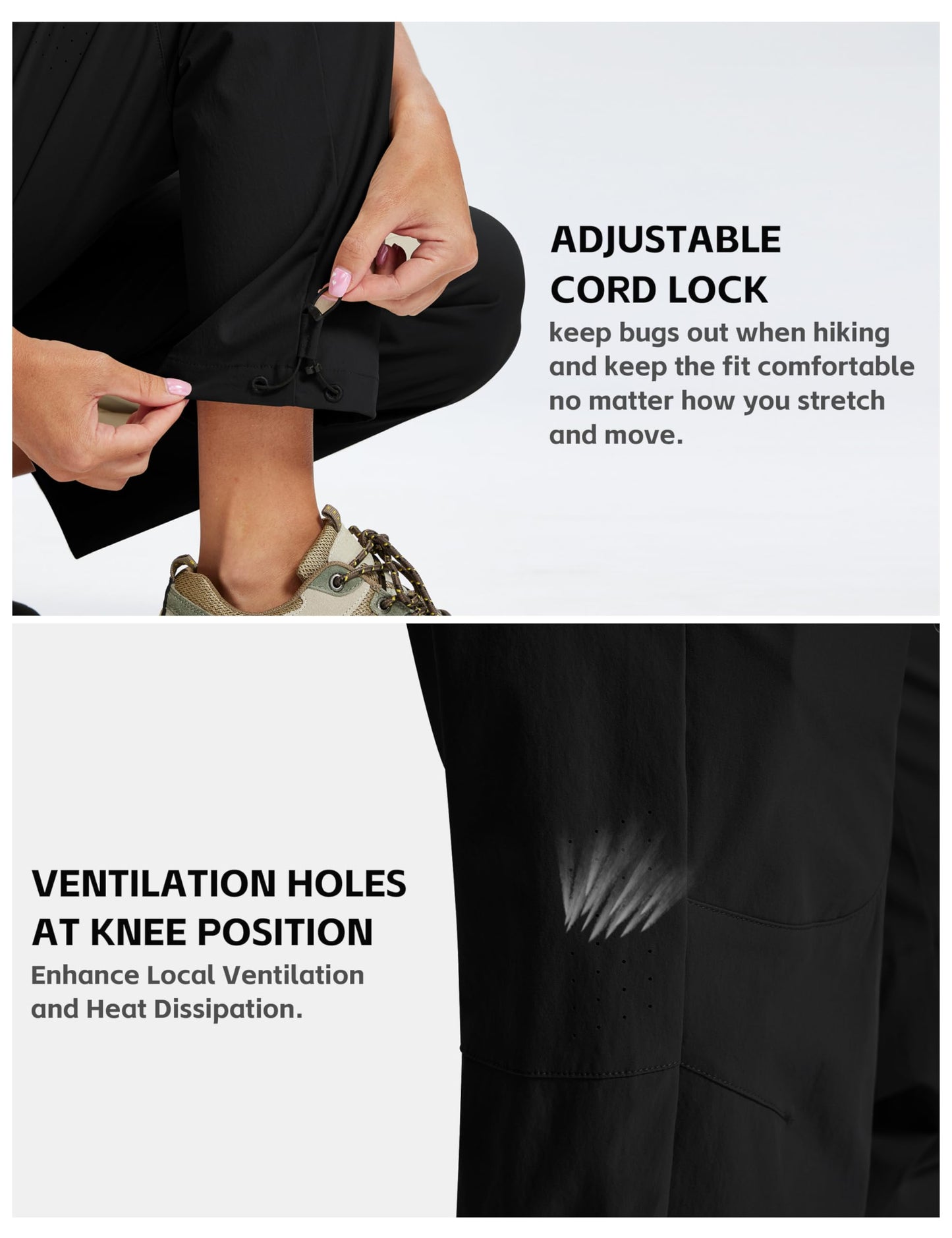 MoFiz Hiking Cargo Pants Womens Waterproof Lightweight Quick Dry Cargo Hiking Joggers Travel Outdoor Work Trip Stretchy with Zipper Pockets Black L