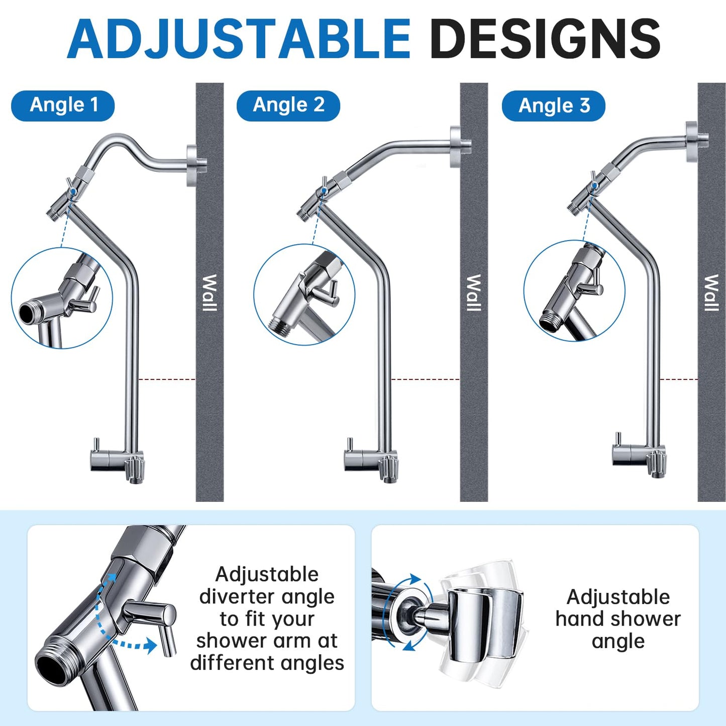 G-Promise All Metal Shower Diverter with Low Holder, Extended 13.5 Inch, Includes Rain Shower head, 3-Function Hand Shower with Massage Mode, Stainless Steel Long Hose (Chrome)