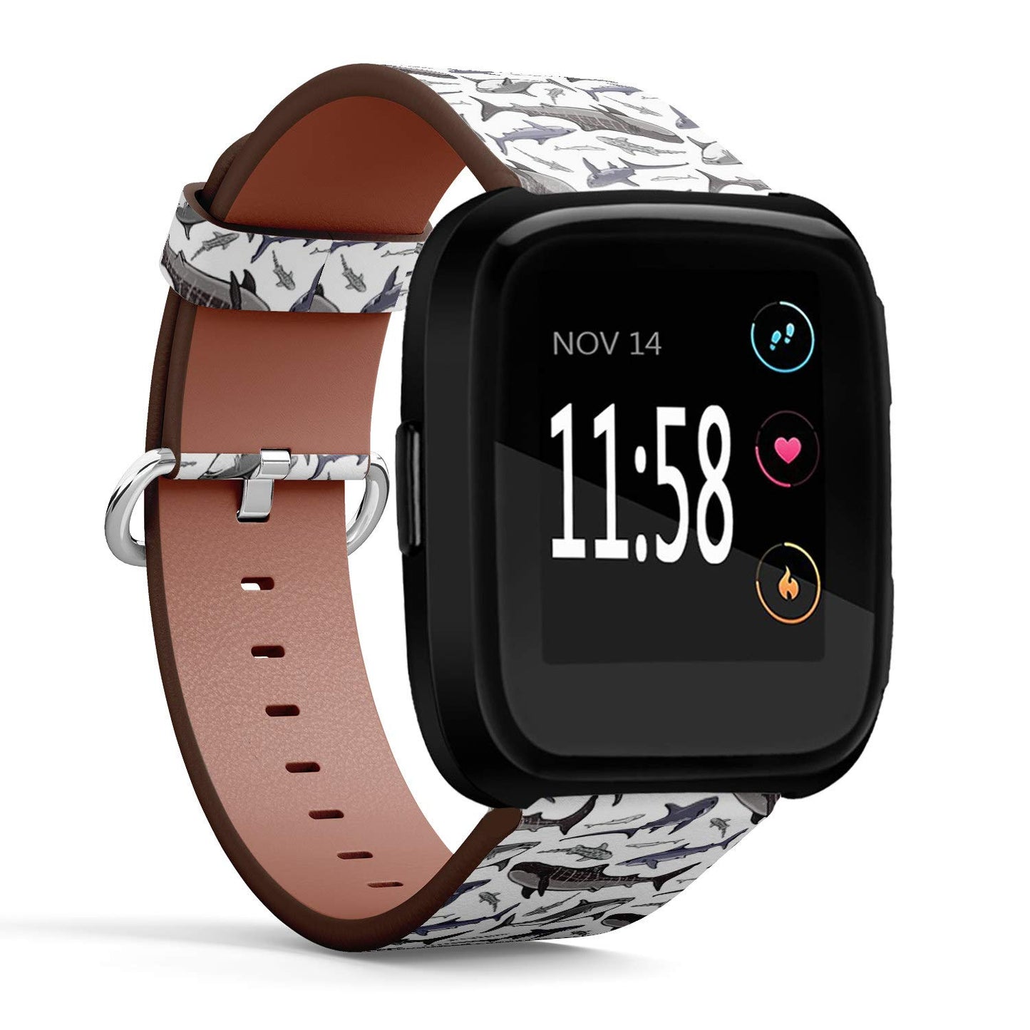 Compatible with Fitbit Versa, Versa 2, Versa Lite - Quick-Release Replacement Accessory Leather Band Strap Bracelet Wristbands (Colored Sharks On)