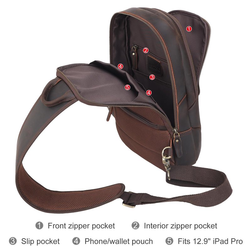 TIDING Full Grain Leather Sling Bag for Men, Vintage Crossbody Bag Outdoor Casual Chest Daypack fits 12.9" Tablet