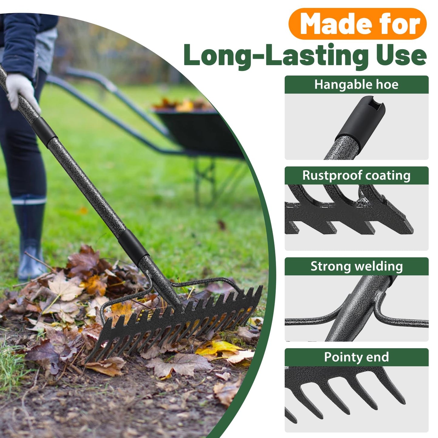 Rake, 17 Tines with 49 Inch Handle, 17 Inch Wide Heavy Duty Garden Thatch Leaf Rake for Raking Leaf Loosening Soil Gathering Mulch Leveling Rocks, Rustproof Metal Bow Rakes for Leaves Grass