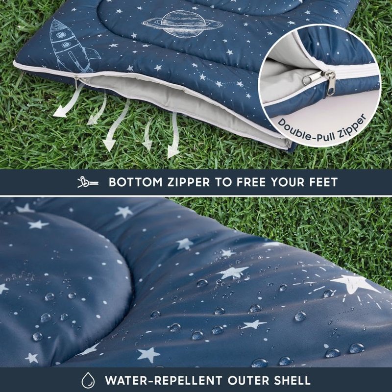 Wake In Cloud - Kids Sleeping Bag for Boys Toddlers, Camping in Warm Cold Weather, Backpacking Lightweight Compact Outdoor Liner for 3 Seasons, Space Stars Rockets Galaxy, Navy Blue
