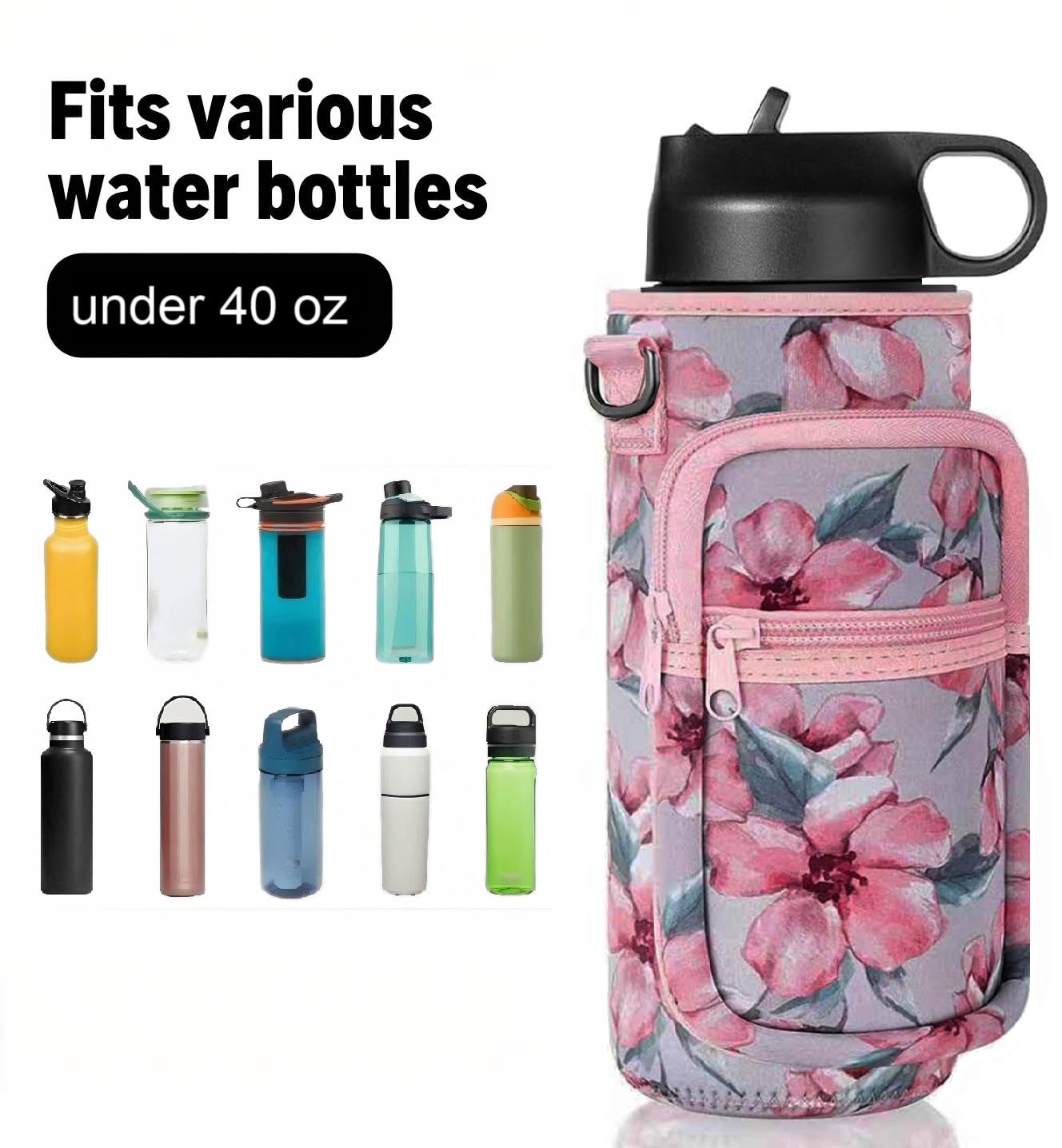 32/40 oz Water Bottle Holder with Strap, 40 oz Insulated Water Bottle Sling Bag Crossbody, Water Bottle Carrier Bag with Phone Pocket for Walking Hiking Camping Fishing(3.34"W * 9.05"H) (Flower Pink)