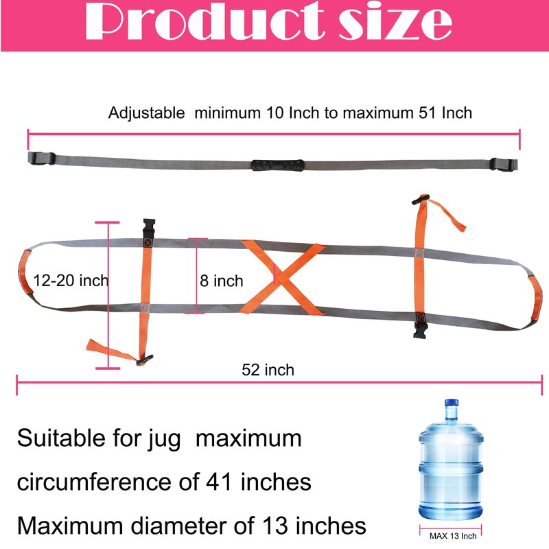 Carrying Straps for 5 Gallon Plastic Water Jug and 5 Gallon Glass Carboy,1 Shoudle Straps,Drinking Water Bottle Carrier,Water Jug Handle,Anti-Slip Lifter,Fit 3 4 5 6 Gallon, Orange and Gray，No jug