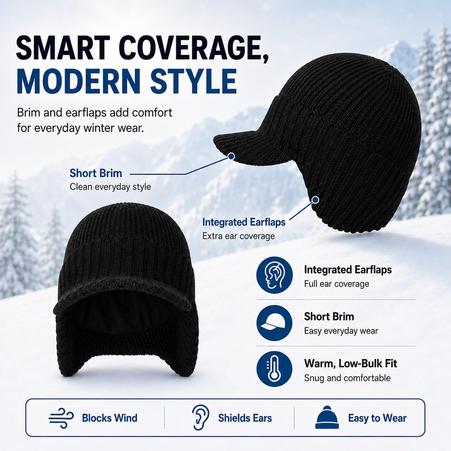 M/L/XL/XXL Waterproof Merino Wool Brim Beanie for Men with Ear Flap, Outdoor Warm Fleece Lined Knit Winter Hat for Big Heads