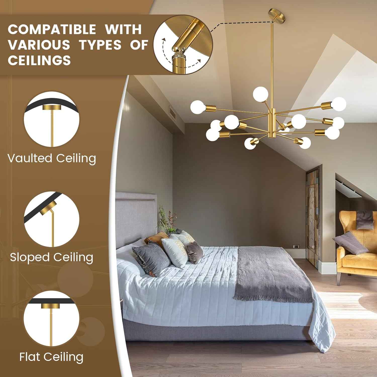 8-Light Gold Sputnik Chandelier - Modern Adjustable Ceiling Light for Dining Room, Kitchen & Foyer
