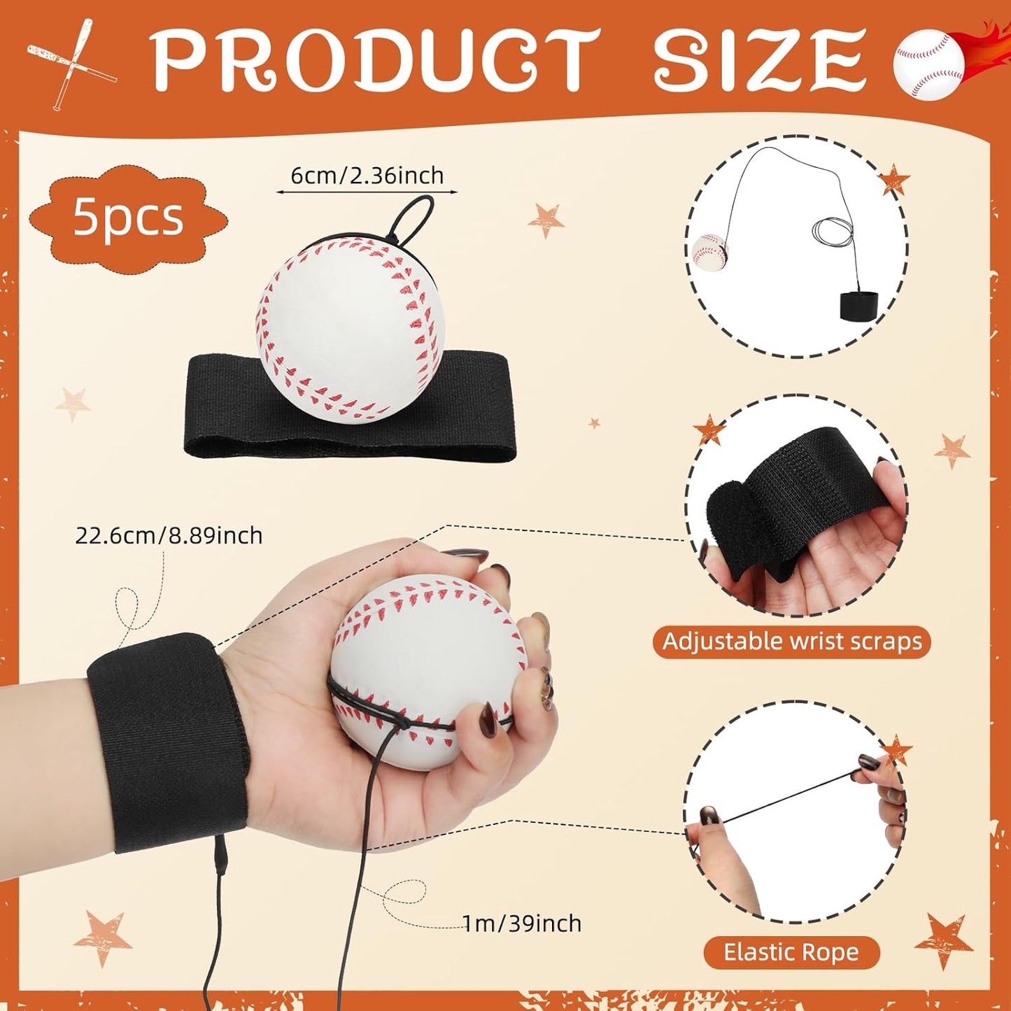Skiennix Baseballs Wrist Return Ball - 2.36 Inch Rebound Bouncy Ball with Strap | Fun Outdoor Activity for Kids & Adults