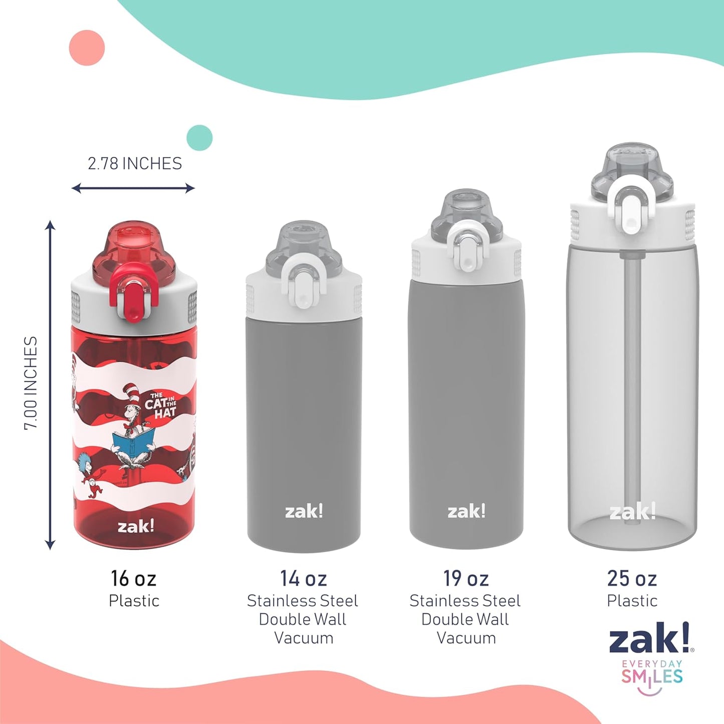 Zak Designs Dr. Seuss Kids Water Bottle - 16oz Durable Plastic, Leak-Proof With Straw & Handle | The Cat in the Hat