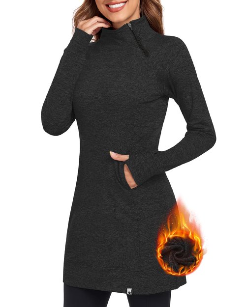 Soneven Women's Fleece Dress Mock Neck Running Thermal Tunic Sweatshirts Dresses with Thumb Holes Winter Skiing Athletic Quarter Zip Pullover